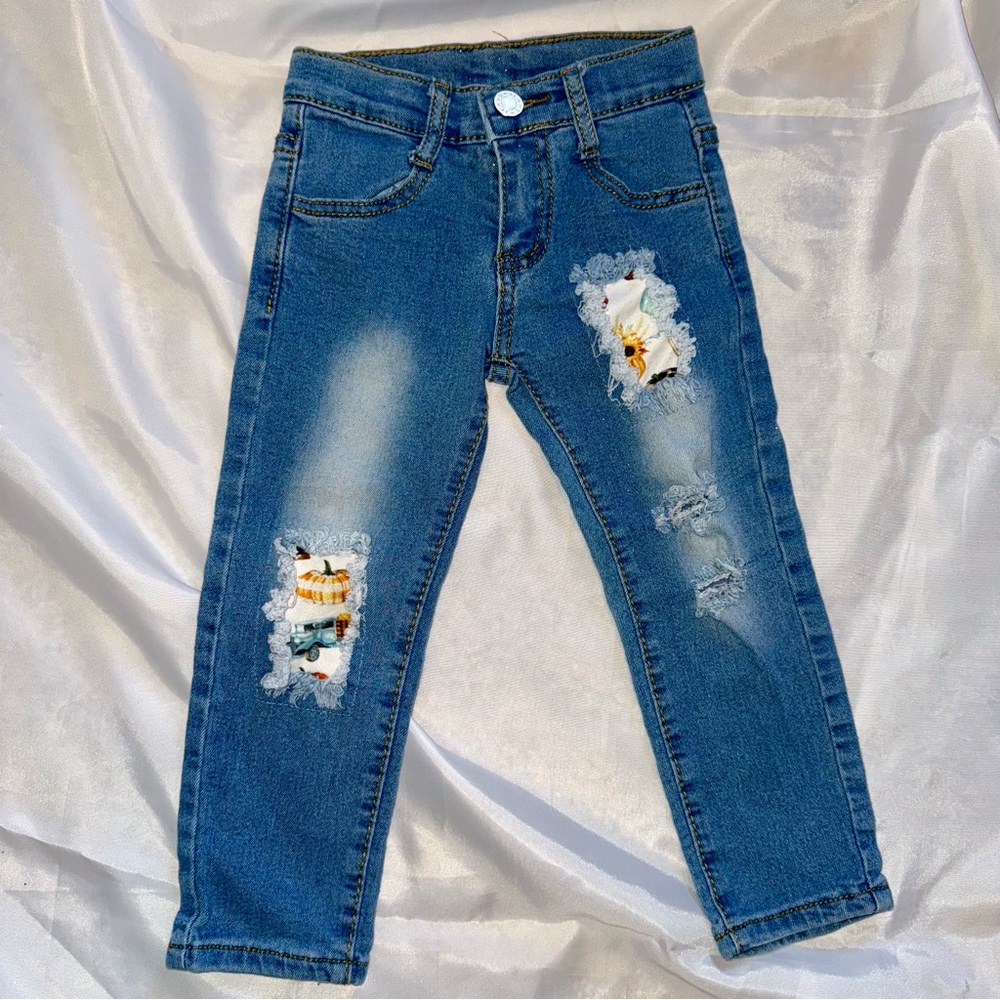 Toddler Girl Small ?2T Blue Jeans Pumpkin Sunflower Patches Autumn Thanksgiving